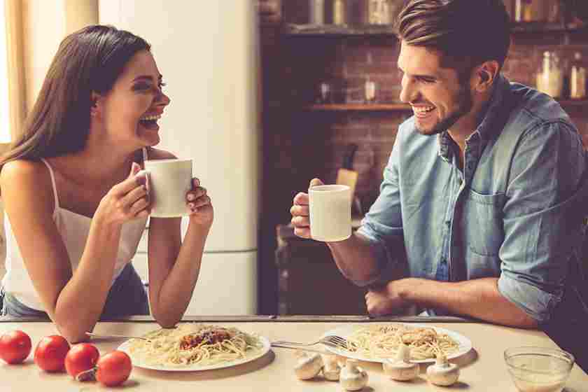 A couple enjoying a date with coffee and pasta