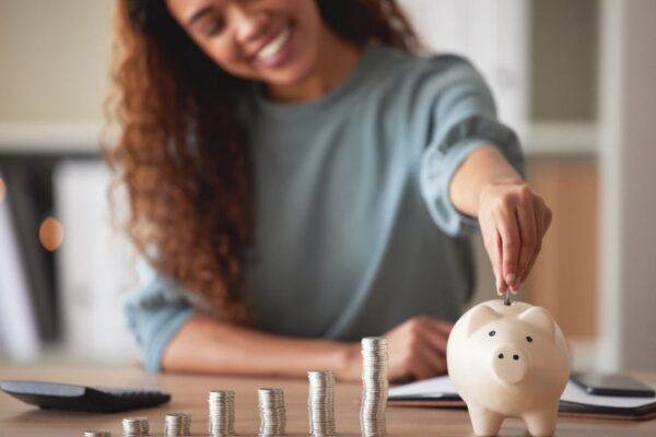 An African American woman saving money